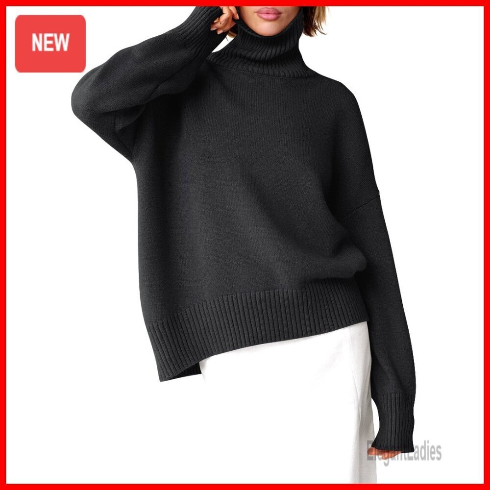 Oversized Chunky Knit Turtleneck Sweater High Low Hem Pullover Top